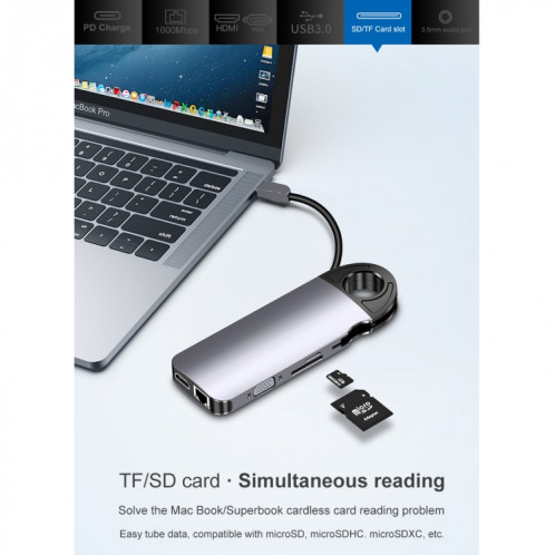 HW-TC28 10 en 1 USB 3.0 x3 + HDMI + VGA + SD + TF + PD + Port Ethernet + Port 3,5 mm Station d'accueil HUB multifonction de type C / USB-C (gris) SH301A1705-014