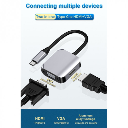 HW-6002 Convertisseur adaptateur 2 en 1 Type-C / USB-C vers HDMI + VGA (gris) SH601A872-012