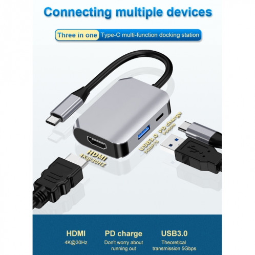 HW-6003 Convertisseur d'adaptateur de station d'accueil 3 en 1 Type-C / USB-C vers HDMI + PD + USB 3.0 (gris) SH701A1091-012