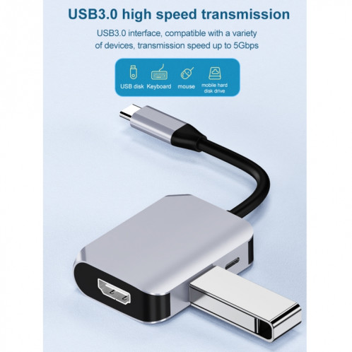 HW-6003 Convertisseur d'adaptateur de station d'accueil 3 en 1 Type-C / USB-C vers HDMI + PD + USB 3.0 (gris) SH701A1091-012