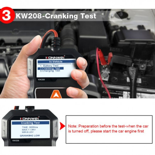 KONNWEI KW208 Support de testeur de batterie à écran couleur TFT pour voiture 8 langues SK09001484-021