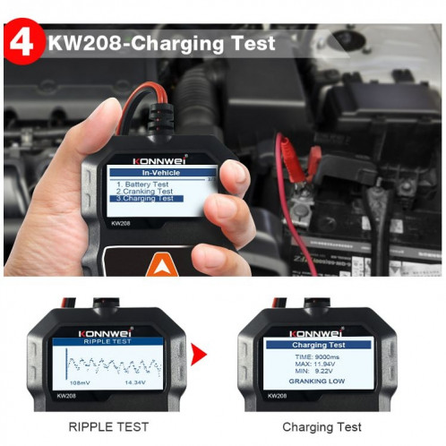KONNWEI KW208 Support de testeur de batterie à écran couleur TFT pour voiture 8 langues SK09001484-021