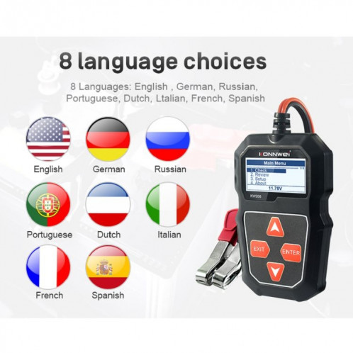 KONNWEI KW208 Support de testeur de batterie à écran couleur TFT pour voiture 8 langues SK09001484-021