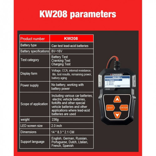 KONNWEI KW208 Support de testeur de batterie à écran couleur TFT pour voiture 8 langues SK09001484-021