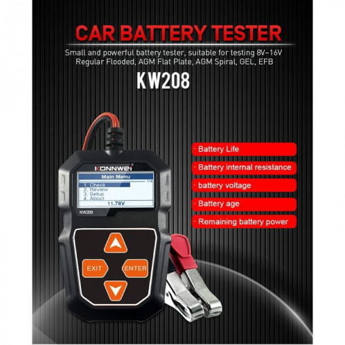 KONNWEI KW208 Support de testeur de batterie à écran couleur TFT pour voiture 8 langues SK09001484-021