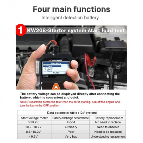 KONNWEI KW208 Support de testeur de batterie à écran couleur TFT pour voiture 8 langues SK09001484-021
