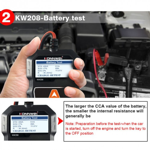 KONNWEI KW208 Support de testeur de batterie à écran couleur TFT pour voiture 8 langues SK09001484-021