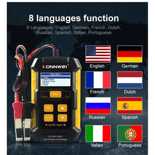 KONNWEI KW510 Testeur/chargeur/réparateur de batterie de voiture 3 en 1, prise en charge 8 langues (prise UE) SK04EU1506-021