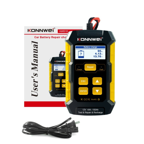 KONNWEI KW510 Testeur/chargeur/réparateur de batterie de voiture 3 en 1, prise en charge 8 langues (prise UE) SK04EU1506-021