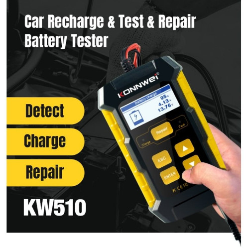 KONNWEI KW510 Testeur/chargeur/réparateur de batterie de voiture 3 en 1, prise en charge 8 langues (prise UE) SK04EU1506-021