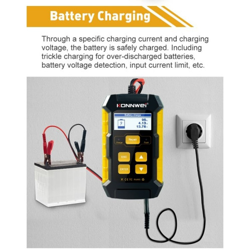 KONNWEI KW510 Testeur/chargeur/réparateur de batterie de voiture 3 en 1, prise en charge 8 langues (prise UE) SK04EU1506-021
