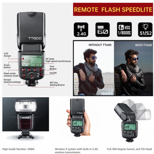 Godox TT600 2.4GHz sans fil 1 / 8000s HSS Flash Speedlite Camera Top Fill Light pour Canon / Nikon DSLR Camera (Noir) SG601A1888-010