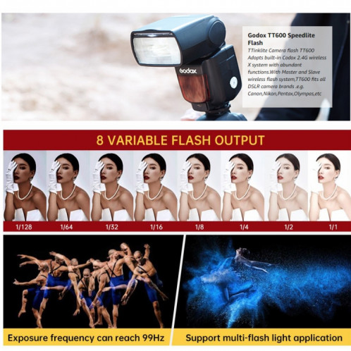Godox TT600 2.4GHz sans fil 1 / 8000s HSS Flash Speedlite Camera Top Fill Light pour Canon / Nikon DSLR Camera (Noir) SG601A1888-010