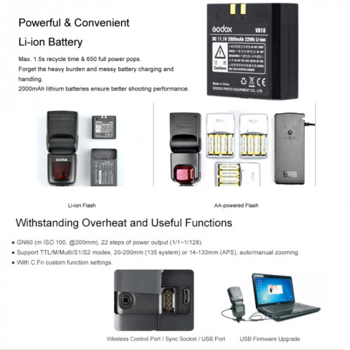 Godox V860IIF 2.4GHz sans fil 1 / 8000s HSS Flash Speedlite Camera Top Fill Light pour appareils photo reflex numériques Fujifil (noir) SG901A1329-012