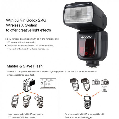 Godox V860IIF 2.4GHz sans fil 1 / 8000s HSS Flash Speedlite Camera Top Fill Light pour appareils photo reflex numériques Fujifil (noir) SG901A1329-012