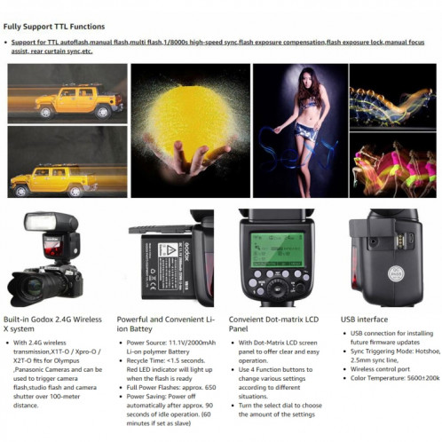 Godox V860IIO 2,4 GHz sans fil 1 / 8000s HSS Flash Speedlite Camera Top Fill Light pour Olympus DSLR Camera (Noir) SG501A848-07