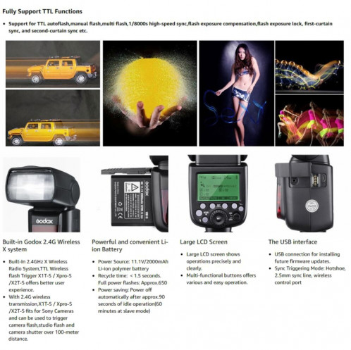 Godox V860IIS 2.4GHz sans fil 1 / 8000s HSS Flash Speedlite Camera Top Fill Light pour Sony DSLR Camera (Noir) SG801A1707-010
