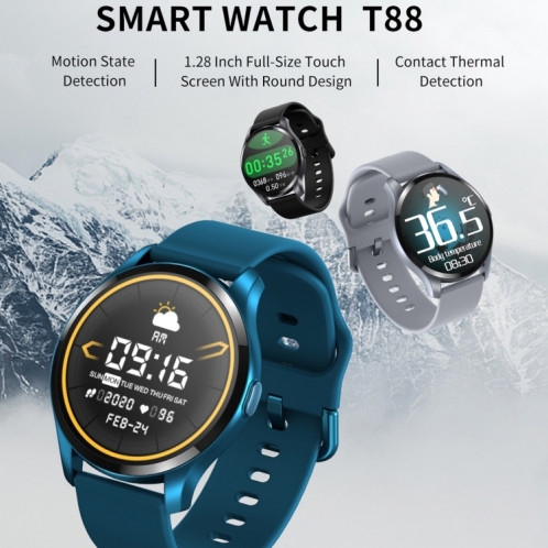 T88 1,28 pouces TFT écran couleur IP67 montre intelligente étanche, prise en charge de la surveillance de la température corporelle / surveillance du sommeil / surveillance de la fréquence cardiaque (bleu) SH101A696-017