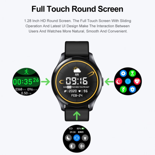 T88 1,28 pouces TFT écran couleur IP67 montre intelligente étanche, prise en charge de la surveillance de la température corporelle / surveillance du sommeil / surveillance de la fréquence cardiaque (noir) SH101C1036-017