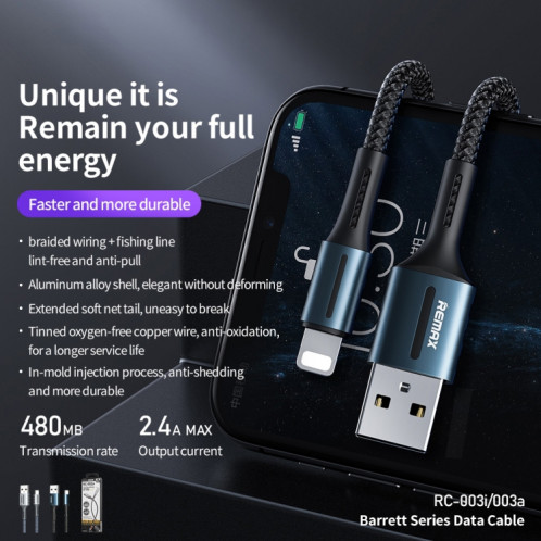 Remax RC-003a 2.4A Type-C / USB-C Barrett Series Charging Data Cable, Length: 1m(Black) SR001A344-05