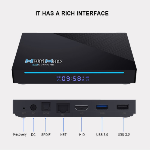 H96 Max 8K Smart TV BOX Android 11.0 Lecteur multimédia avec télécommande, Quad Core RK3566, RAM : 4 Go, ROM : 32 Go, Double fréquence 2,4 GHz WiFi/5G, Type de prise : Prise US SH6701505-016