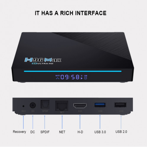 H96 Max 8K Smart TV BOX Android 11.0 Lecteur multimédia avec télécommande, Quad Core RK3566, RAM : 4 Go, ROM : 32 Go, Double fréquence 2,4 GHz WiFi/5G, Type de prise : SH6702946-016