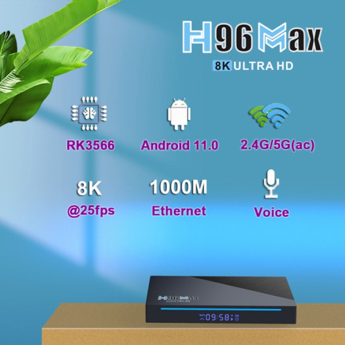 H96 Max 8K Smart TV BOX Android 11.0 Lecteur multimédia avec télécommande, Quad Core RK3566, RAM : 4 Go, ROM : 32 Go, Double fréquence 2,4 GHz WiFi/5G, Type de prise : prise UE SH6702946-016