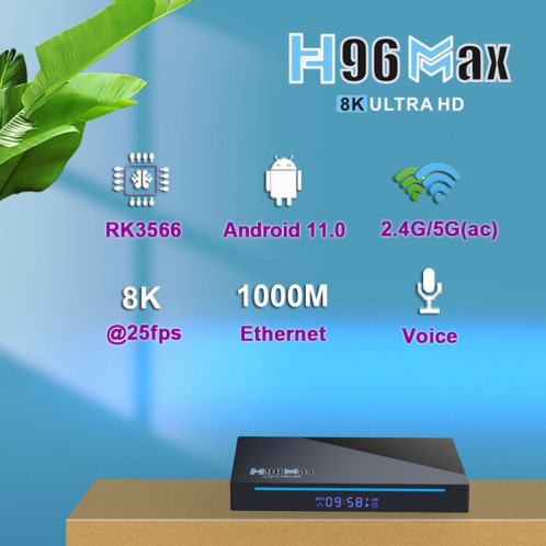 H96 Max 4K Smart TV Box Android 11.0 Media Player avec télécommande, quad noyau RK3566, RAM: 8 Go, ROM: 64 Go, double fréquence 2.4GHz Wifi / 5G, Type de prise: Fiche UE SH70021058-016