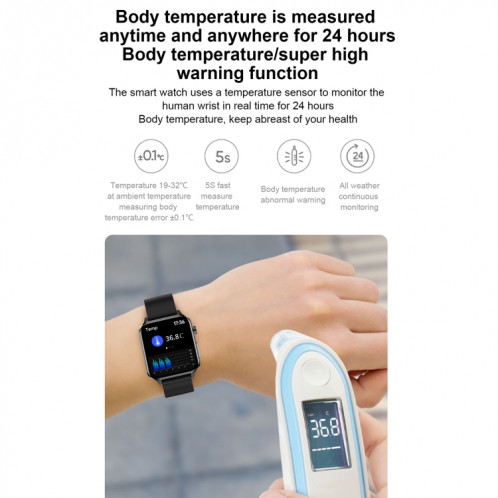 E86 1,7 pouce TFT Color Screen Smart Watch Smart Smart, Support Surveillance de l'oxygène sanguin / Surveillance de la température corporelle / Diagnostic médical Ai, Style: Bracelet en cuir (Noir) SH401A1085-024