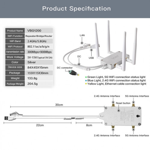VONETS VBG1200 300Mbps+900Mbps Dual Band Wireless Router Repeater WIFI Base Station with 4 Antennas SV5344304-08