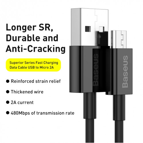 BASEUS CAMYS-01 2A USB à Micro USB Série Supérieure Série rapide Câble de charge de chargement rapide, Longueur du câble: 1M (Noir) SB501A648-09