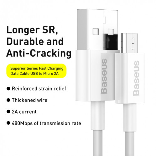BASEUS CAMYS-A02 2A USB À Micro USB Série Supérieure Supérieure Câble de chargement rapide, Longueur du câble: 2M (blanc) SB502B415-09
