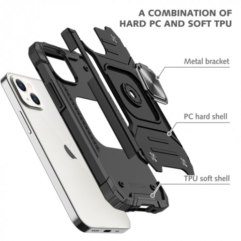 Armure magnétique TPU + TPU + PC avec porte-bague en métal pour iPhone 13 Pro (Noir) SH403A1964-07