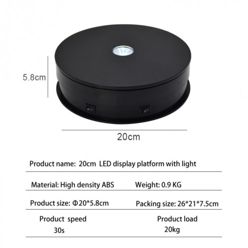 20cm rotatif rotatif de platine plate-forme tournante LED Light Video Striping Props Planchers, Fiche d'alimentation: 220V Fiche EU (Noir) SH102A1182-07
