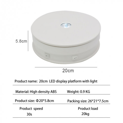 20cm Triffret rotative à rotation d'affichage plate-forme tournante LED lumière Video Striping accessoires plans de platine, prise d'alimentation: 220V Fiche EU (Blanc) SH102B1524-07