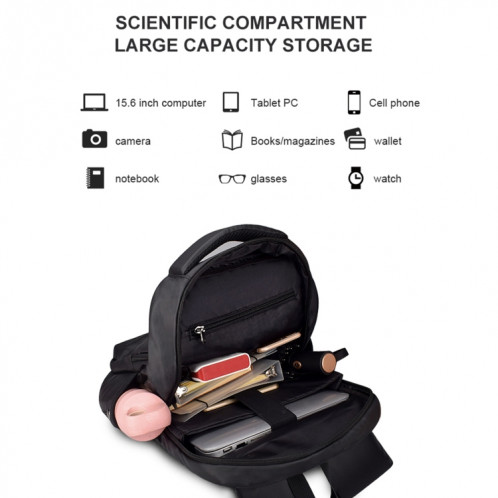 Sac à dos d'ordinateur décontracté SJ01 avec port de chargement USB, taille: 13-15 pouces universel (noir) SH001A410-09