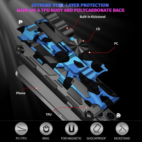 Camouflage Armure antichoc TPU + PC Cas protecteur magnétique avec support pour iPhone 13 (bleu) SH502D401-05