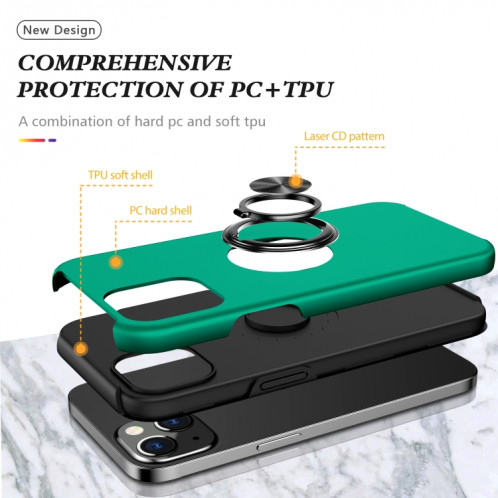 PC + TPU Cas de protection magnétique antichoc avec porte-bague invisible pour iPhone 13 (vert foncé) SH802E372-07