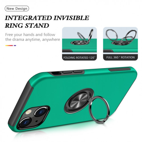 PC + TPU Cas de protection magnétique antichoc avec porte-bague invisible pour iPhone 13 (vert foncé) SH802E372-07