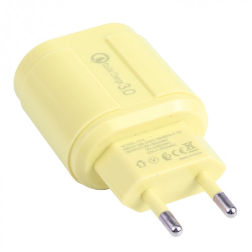 13-222 QC3.0 USB + 2.1A Dual USB Ports Macarons Chargeur de voyage, Fiche UE (Jaune) SH901D626-07