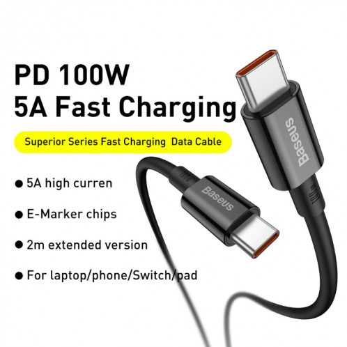BASEUS CATYS-B01 Série Supérieure 100W USB-C / Type-C à USB-C / Type-C Câble de charge rapide, Longueur du câble: 1M (Noir) SB001A90-09