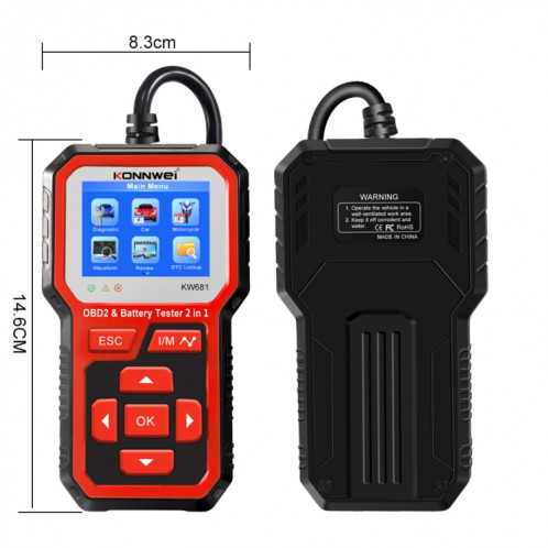 Konnwei KW681 Voiture 2,4 pouces TFT Screen ABD Diagnostic de défaut + Testeur de batterie 6V-12V Support 9 langues SK8353387-08