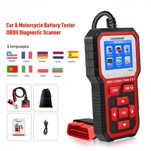 Konnwei KW681 Voiture 2,4 pouces TFT Screen ABD Diagnostic de défaut + Testeur de batterie 6V-12V Support 9 langues SK8353387-08