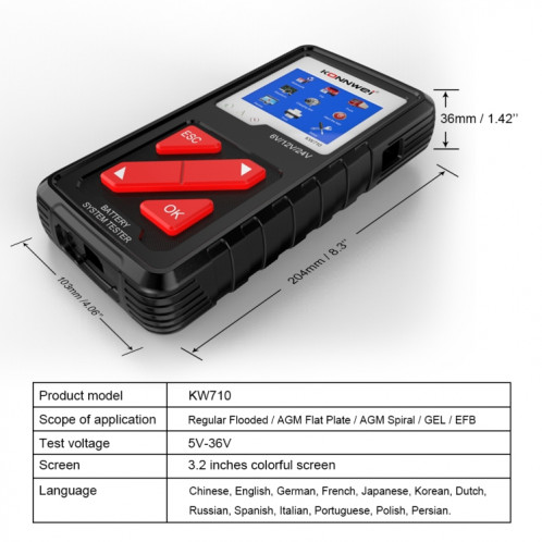 Konnwei KW710 Voiture 3,2 pouces 6V-24V Testeur de batterie au plomb-acides Support 13 langues SK8355788-08