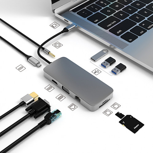 BL10V 10 en 1 USB-C / TYPE-C à RJ45 + VGA + HDMI + 3,5 mm Aux + SD / TF Slot + SD / TF + PD USB-C / TYPE-C + USB 3.0 + 2 ports USB 2.0 Ports Hub SB83881807-09