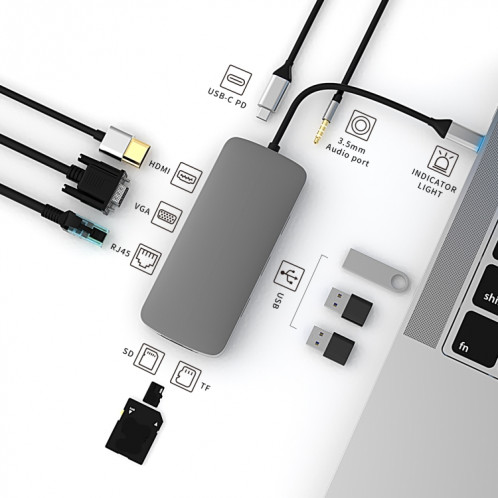 BL10V 10 en 1 USB-C / TYPE-C à RJ45 + VGA + HDMI + 3,5 mm Aux + SD / TF Slot + SD / TF + PD USB-C / TYPE-C + USB 3.0 + 2 ports USB 2.0 Ports Hub SB83881807-09