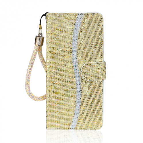 Étui de cuir horizontal en poudre de paillettes avec machines à sous cartes et porte-lanières pour iPhone 13 (or) SH302E978-07