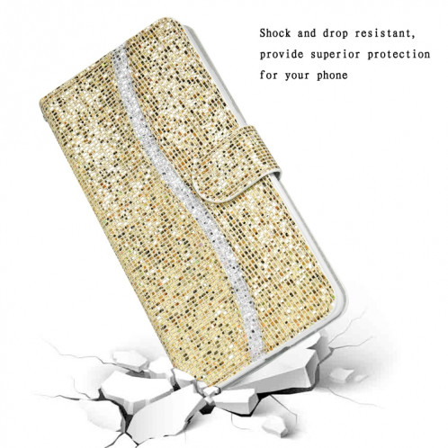 Poudre de paillettes Horizontale Flip Cuir Case avec machines à sous cartes et porte-longe pour iPhone 13 Pro (Gold) SH303E1062-07