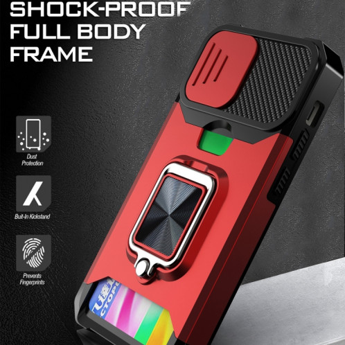 Cover Caméra coulissant Design PC + TPU Case antichoc avec porte-bague et emplacement de carte pour iPhone 13 mini (rouge) SH701A1280-07