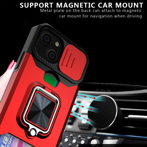 Cover Caméra coulissant Design PC + TPU Case antichoc avec porte-bague et emplacement de carte pour iPhone 13 mini (rouge) SH701A1280-07